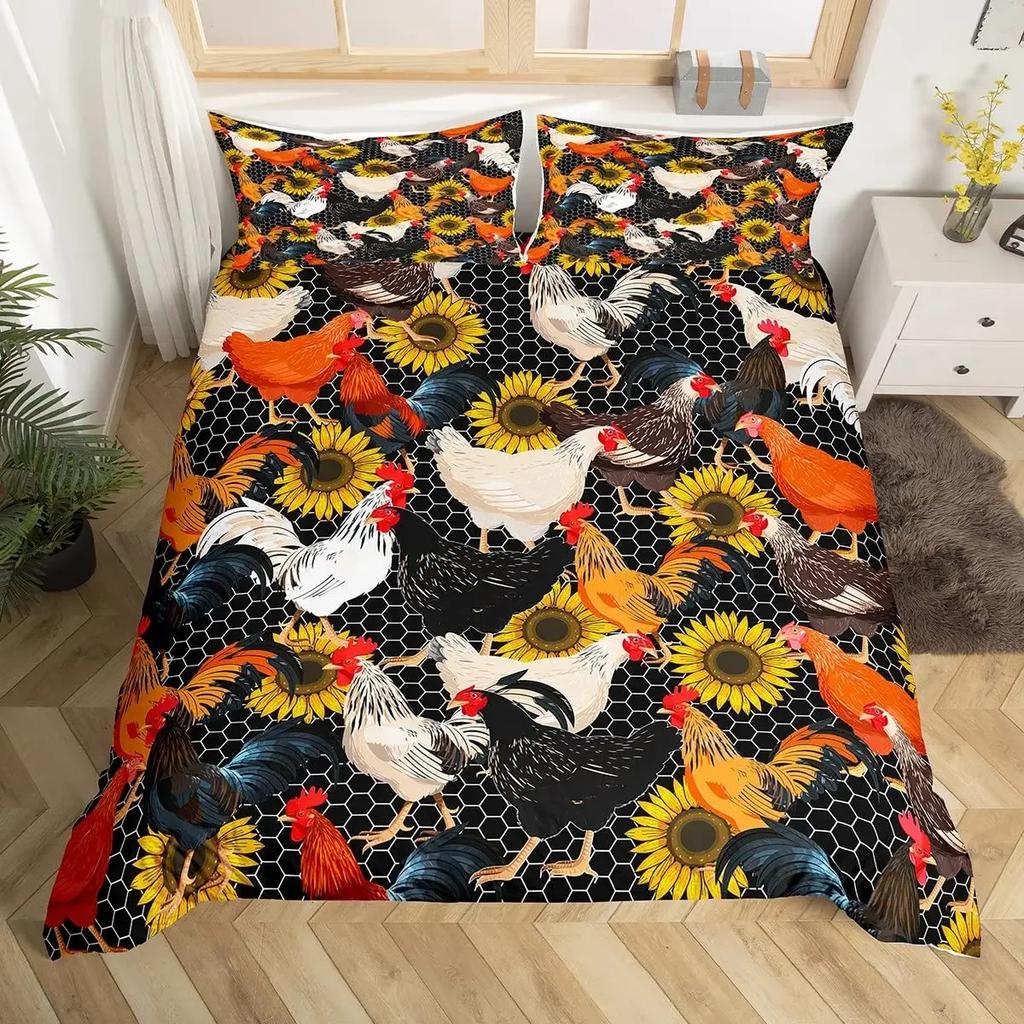 Bauernhoftier Huhn Bettbezug Einzel- King-Size Land Sonnenblume Hahn Bettdeckenbezug Mikrofaser Rustikales Bauernhaus Bettwäscheset