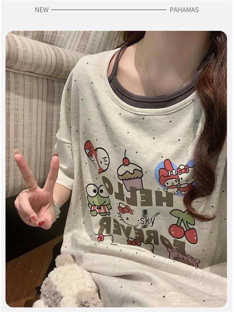 2026 Women's Grey Cartoon Summer Nightgown with Built-in Bra, Round Neck, Short Sleeve, Anti-Nipple, Thin Style for Outerwear and Home Wear.