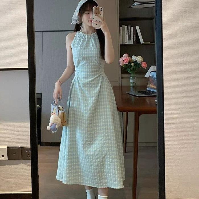 

French green plaid sleeveless suspender dress children s summer new seaside vacation style waist dress S