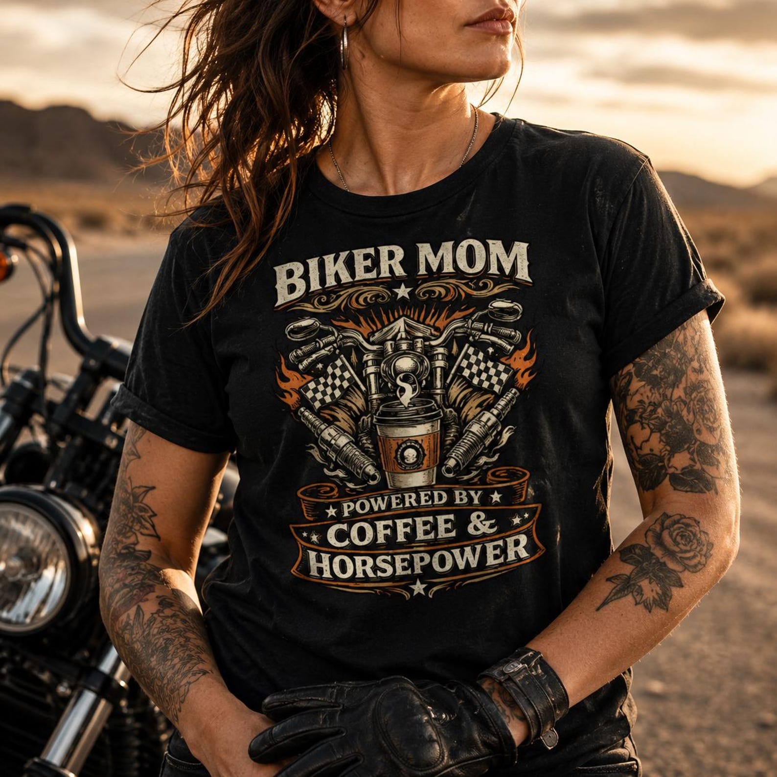 Biker Mom Powered By Coffee & Horsepower Shirt, Funny Motorcycle Mom Tee, Vintage Biker Mama Gift T-Shirt 2XL