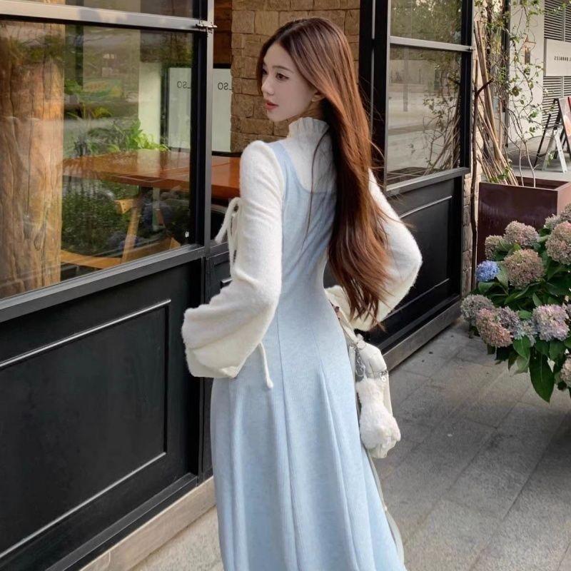 Sweet Short Skirt Women's Autumn Winter Waist-Cinching Designed Color-Block Patchwork Fake Two-Piece Dress