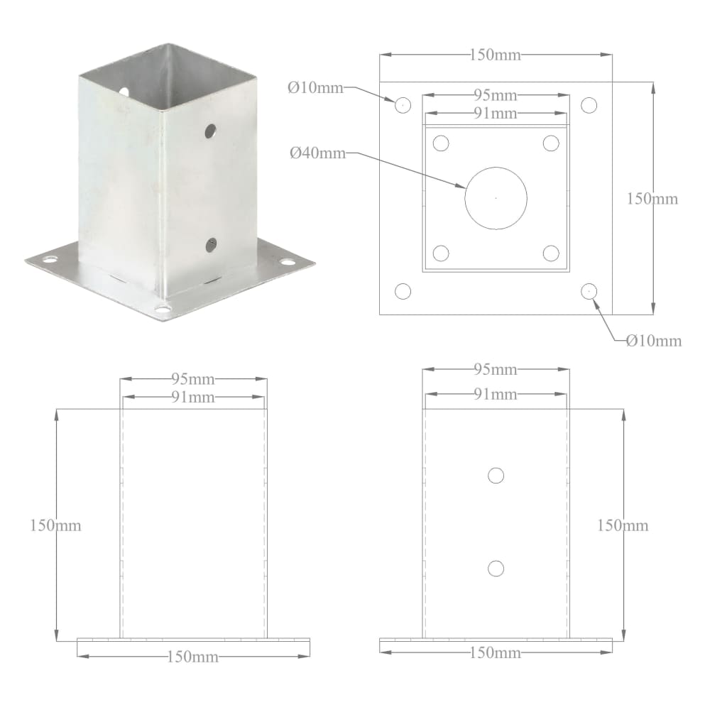 Post Anchor Set (4 Pcs) Galvanized Metal 91 Mm