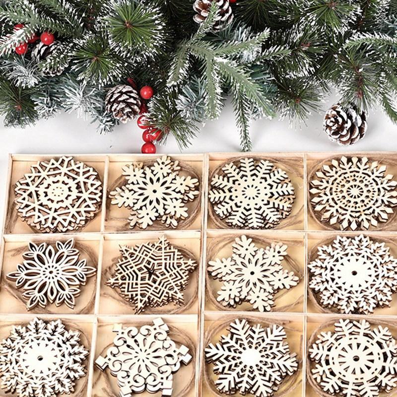 24 Wooden Snowflake Decorations Christmas Tree Hanging Decoration Snowflake Shape Decoration Hollow Hanging Decoration