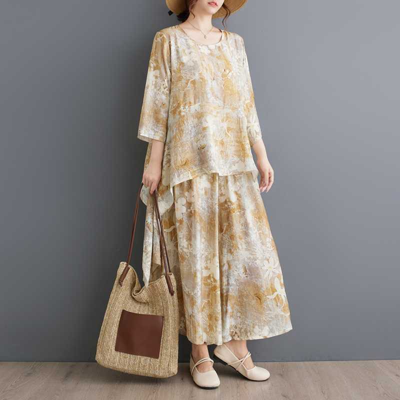 GMXIA Plus-size, Artistic, Irregular, Chubby Girl Patterned and Stylish Suit, Wide-leg Pants, Concealing and Slimming Women's Two-piece Set