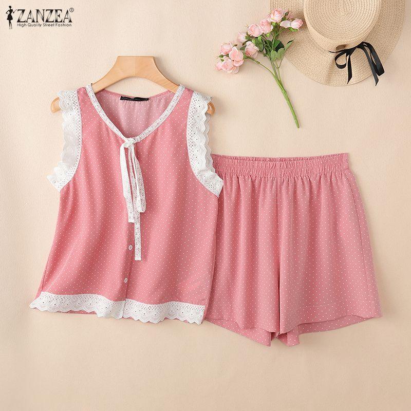 ZANZEA Women Sleeveless Vest Tops and Shorts Casual Polka Dot Print Two Piece Sets