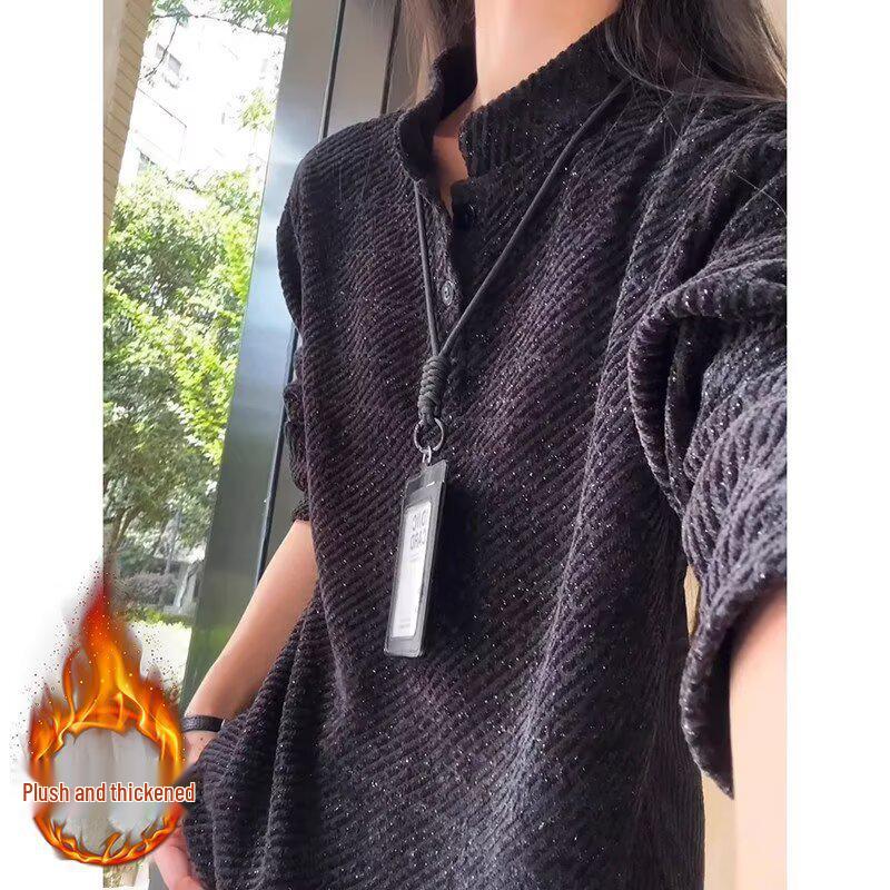 Men's Retro Plus Velvet Velour Hoodie - Autumn/Winter Henley Style, Clean Fit Twill Base Layer