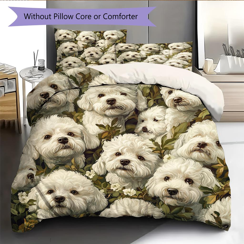 Bettwäsche mit Blätter- und Bichon-Muster, Heimdekoration, Geburtstagsgeschenk (1 Bettbezug + 2 Kissenbezüge, ohne Füllung)
