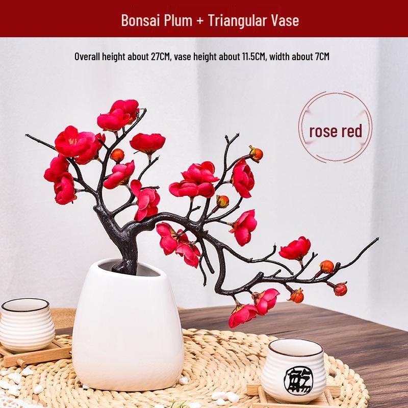 Artificial Plum and Peach Blossom Branch Ornament for Living Room - Dried Flowers Bonsai Arrangement In Pot for Indoor Winter Decoration