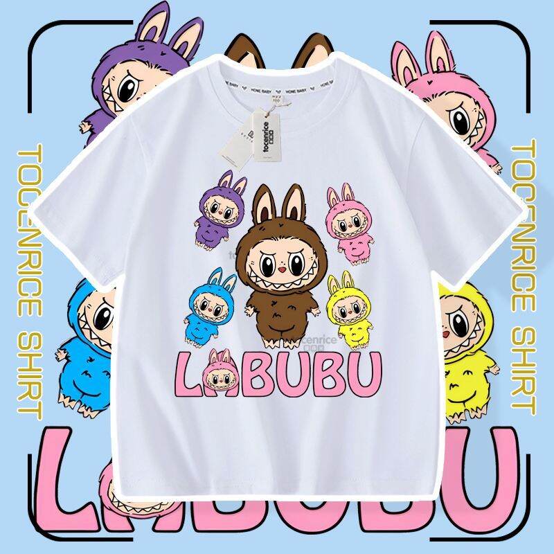 Summer New Cartoon Labubu Loose Short-sleeved T-shirt Girls Children's Casual Tops Fashion Breathable Round Neck