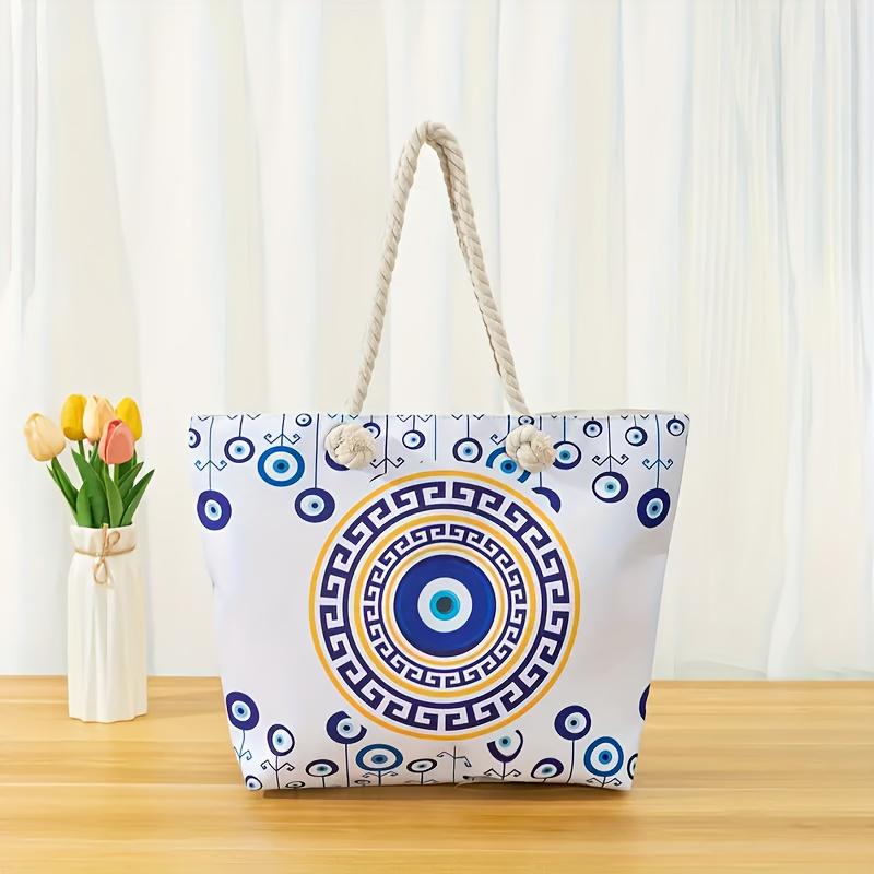 Women's Large Capacity Travel Tote Bag with Blue Evil Eye Print Beach Shoulder Bag, Zipper Closure for Casual Outings, Shopping, Beach Trips Bag