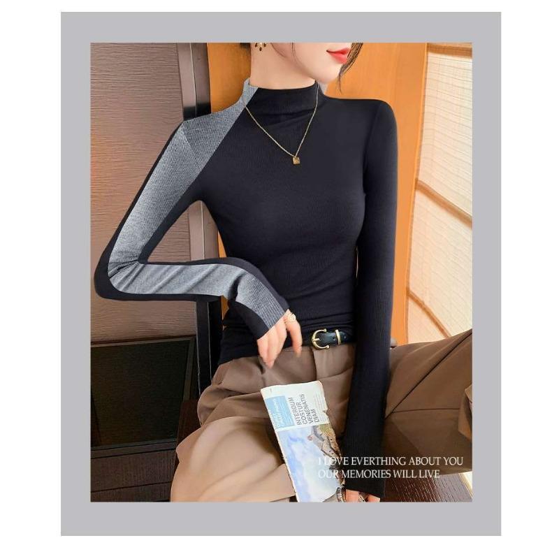 Damen Neues Halbrollkragen-Unterhemd Herbst Winter Langärmeliges Slim-Fit Patchwork-Oberteil