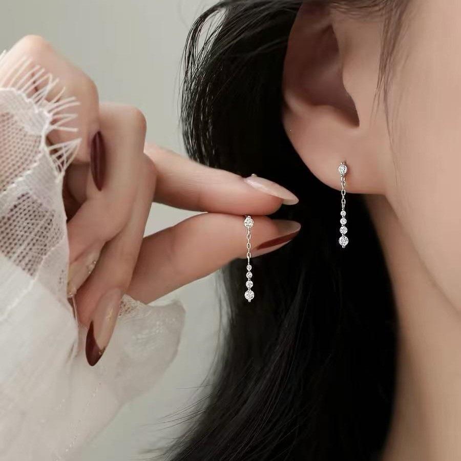 925 Sterling Silver Zirconia Tassel Stud Earrings - Elegant High-End 2026 Women's Accessory