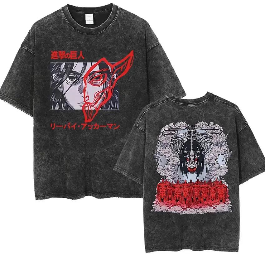Anime Attack Titan Retro Wash Bedrucktes T-Shirt Mikasa Ackerman Eren Jaeger Freie Flügel Muster Herren Sommer T-Shirt