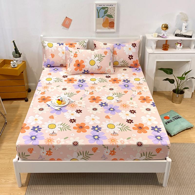 Colorful Floral Fitted Sheet Set 100% Cotton Bedding Set 3Pcs Bed Cover Pillowcases Skin-friendly Breathable Bedroom Decor
