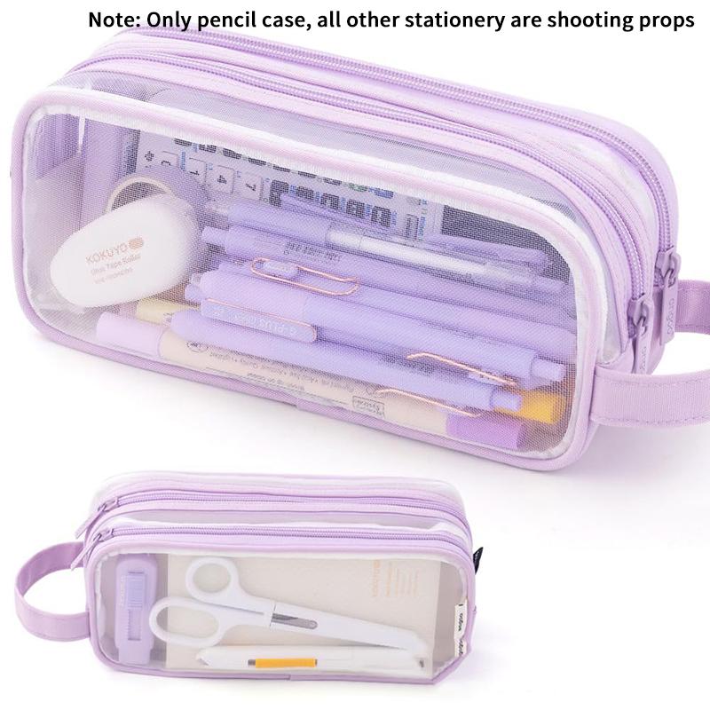 Transparent Large Mesh Pencil Case Double Layer Pencil Bag Handheld Portable Multifunctional Cosmetic Bag Stationery Storage
