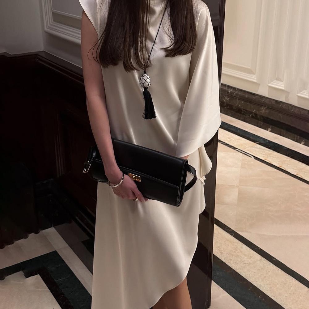 2025 Fall Women's Solid Color Semi-High Neck Asymmetric Hem Loose Bodycon Dress