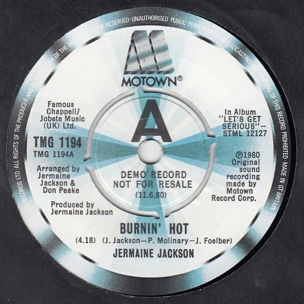 

7inch Record JERMAINE JACKSON - Burnin Hot TMG1194PROMO Motown 1980 UK Soul/Funk Used