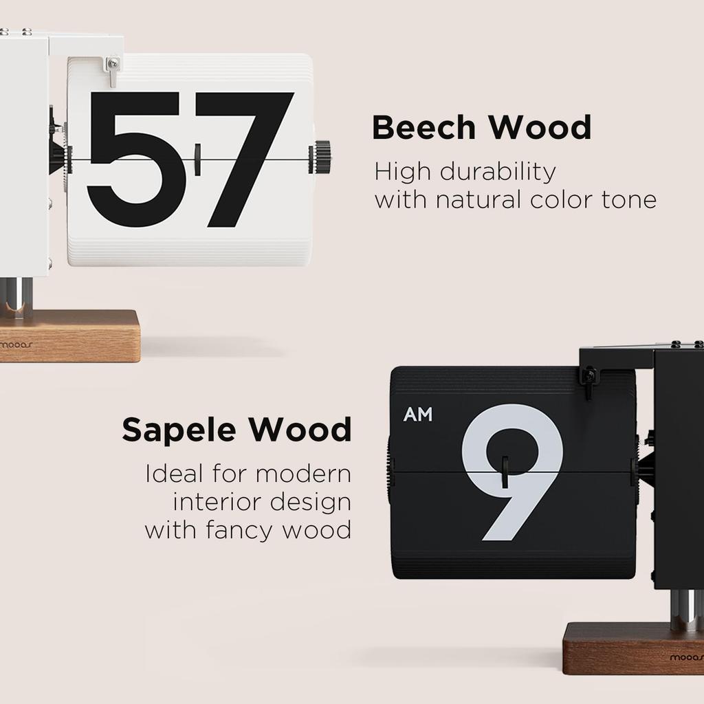 Mooas Classic Modern Wood Big Flip Desk Clock Retro Vintage Analog Design Auto Flip Clock Table Clock Large Capacity Perfect for Home Office School