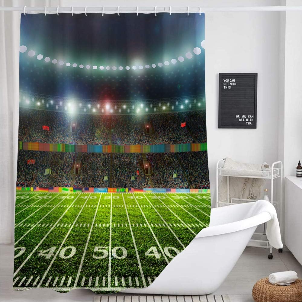 Football Field Shower Curtains for Bathroom, Sports Theme Bath Curtain Set for Men, Fabric Bathroom Accessories Restroom Decor 12 Hooks Included (69"