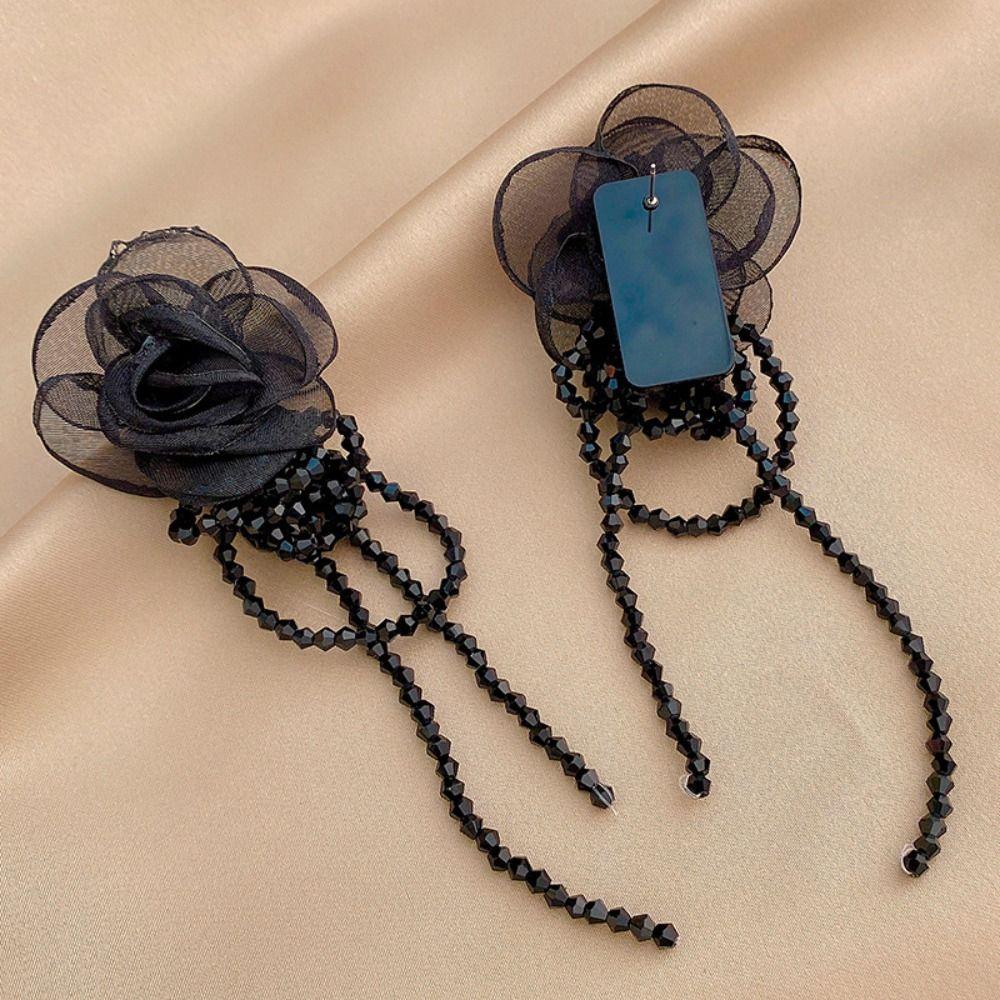 Light Luxury Tassel Earrings Long Crystal Dangle Earrings Exquisite Gauze Flower Earrings  Women