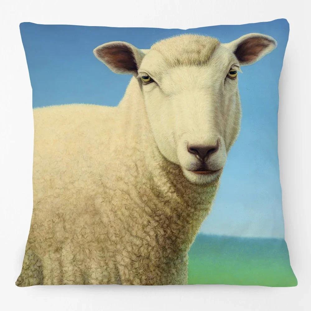 Oil Painting Farm Animals Poster Cushion Cover Cow Sheep Goat Rustic Style Home Decorative Square Pillow Case