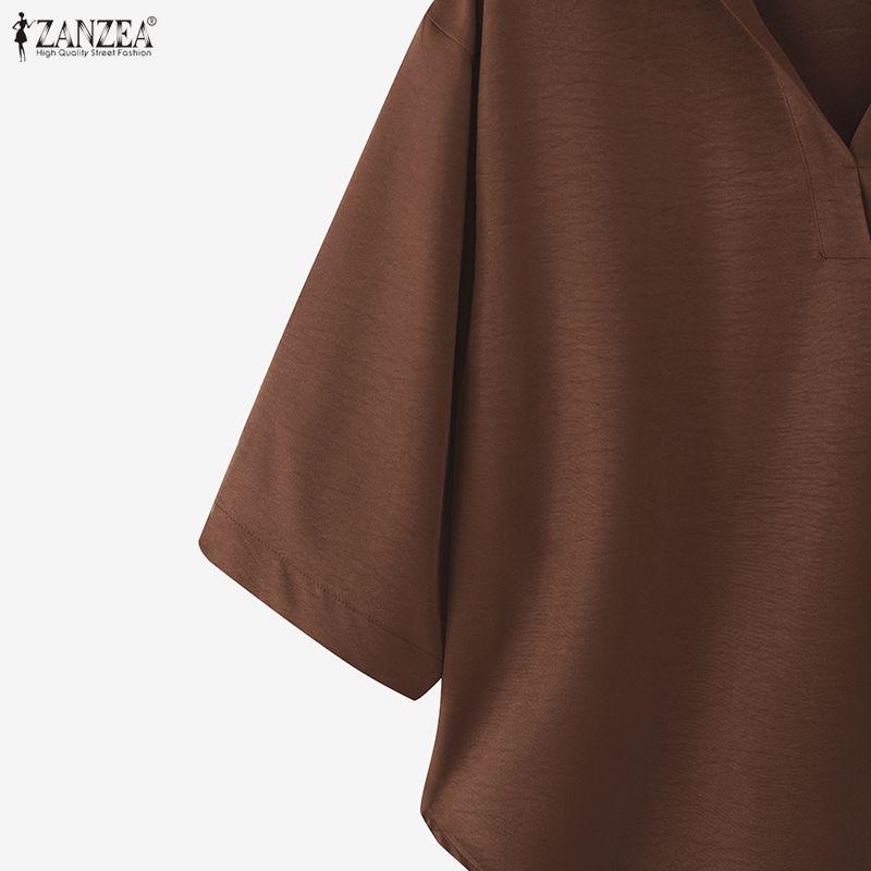 ZANZEA Damska swobodna bluzka z kołnierzykiem w dół, letnia, luźna, z krótkim rękawem