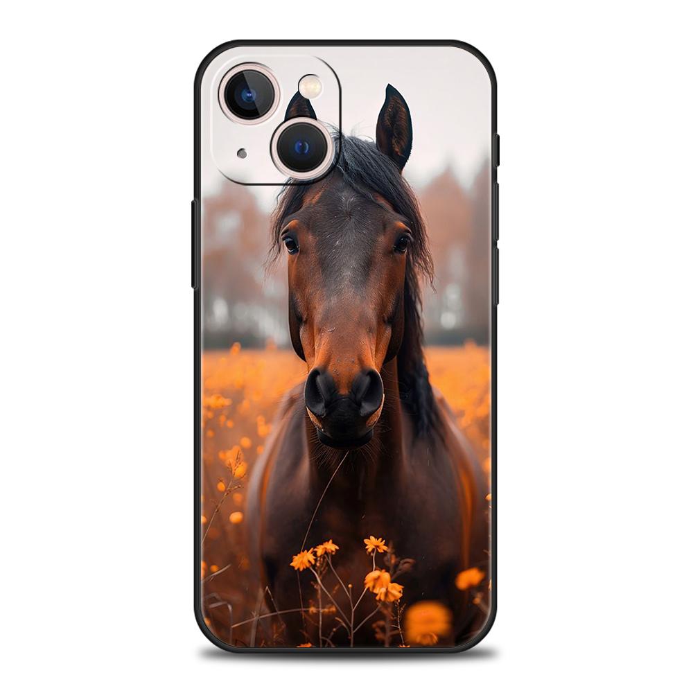 Luxury TPU Soft Phone Case For iPhone 16 11 15 14 Pro MAX 12 13 7 8 Plus X XR XS SE 2022 Black Cover Horse Animal