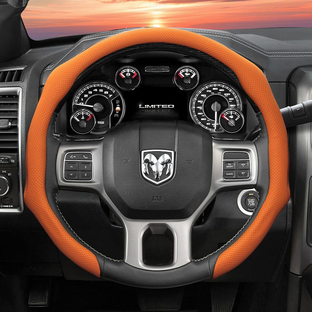 Zkfan8 Suitable for Ram Perforated Leather Steering Wheel Cover, Non-Slip, Sweat-Absorbent, Breathable, Integrated Snap-On Protective Cover for Pickup