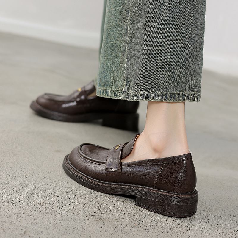 Krazing Pot Sheepskin Round Toe Low Heels Autumn Summer Shoes Slip on Women Oxford Shoes Metal Fasteners Pumps