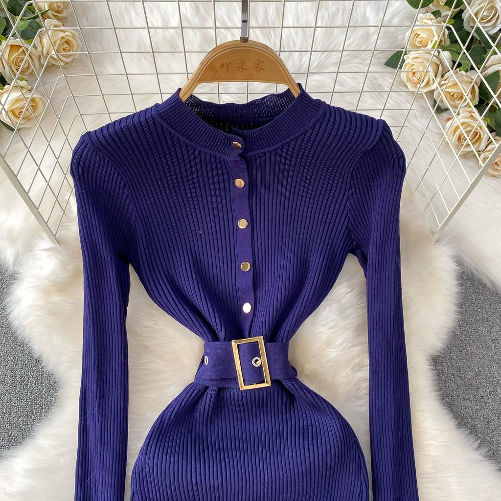 Spring Autumn Women Full Sleeve Knitted Sweater Office Work Slim Bodycon Pencil Dresses with Belt