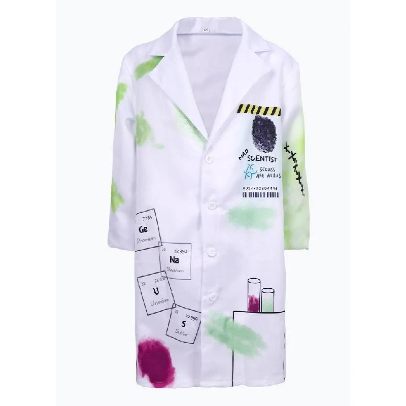 Halloween Verrückter Wissenschaftler Laborkittel Kostüm für Erwachsene Unisex Chemisches Element Formel Druck Weißer Laborkittel Wissenschaftslehrer Profess