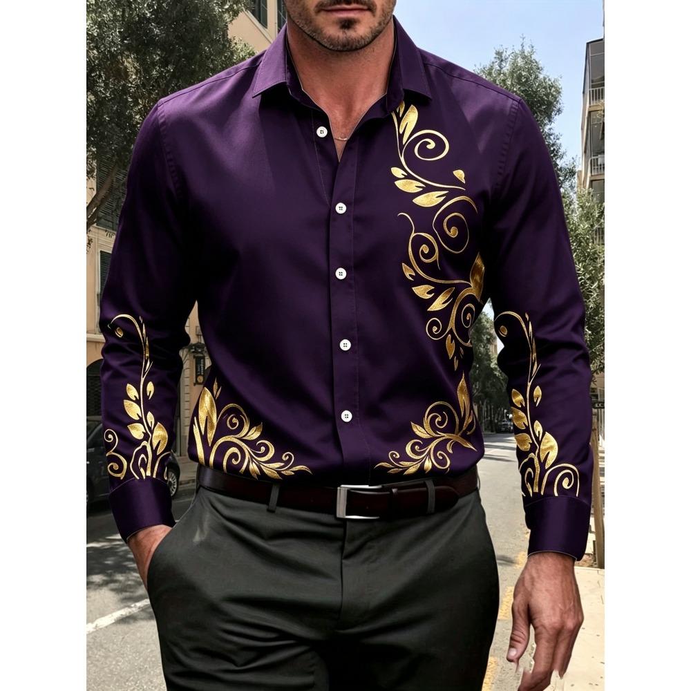 Men's European Style Rolled Grass Printed Long Sleeved Shirt, Lapel Cardigan Shirt, Business Light Luxury Casual Top