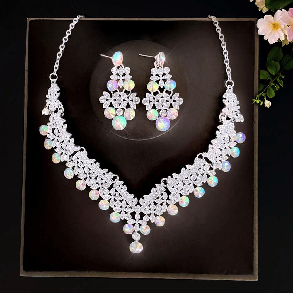 

Bridal Wedding Accessories Two-piece Set, Exquisite Colored Rhinestone Necklace Earrings Set Party Dress Accessories Necklace