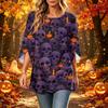 Women's Halloween Printed Casual Loose Fit Top with Round Neck and Three-Quarter Sleeves