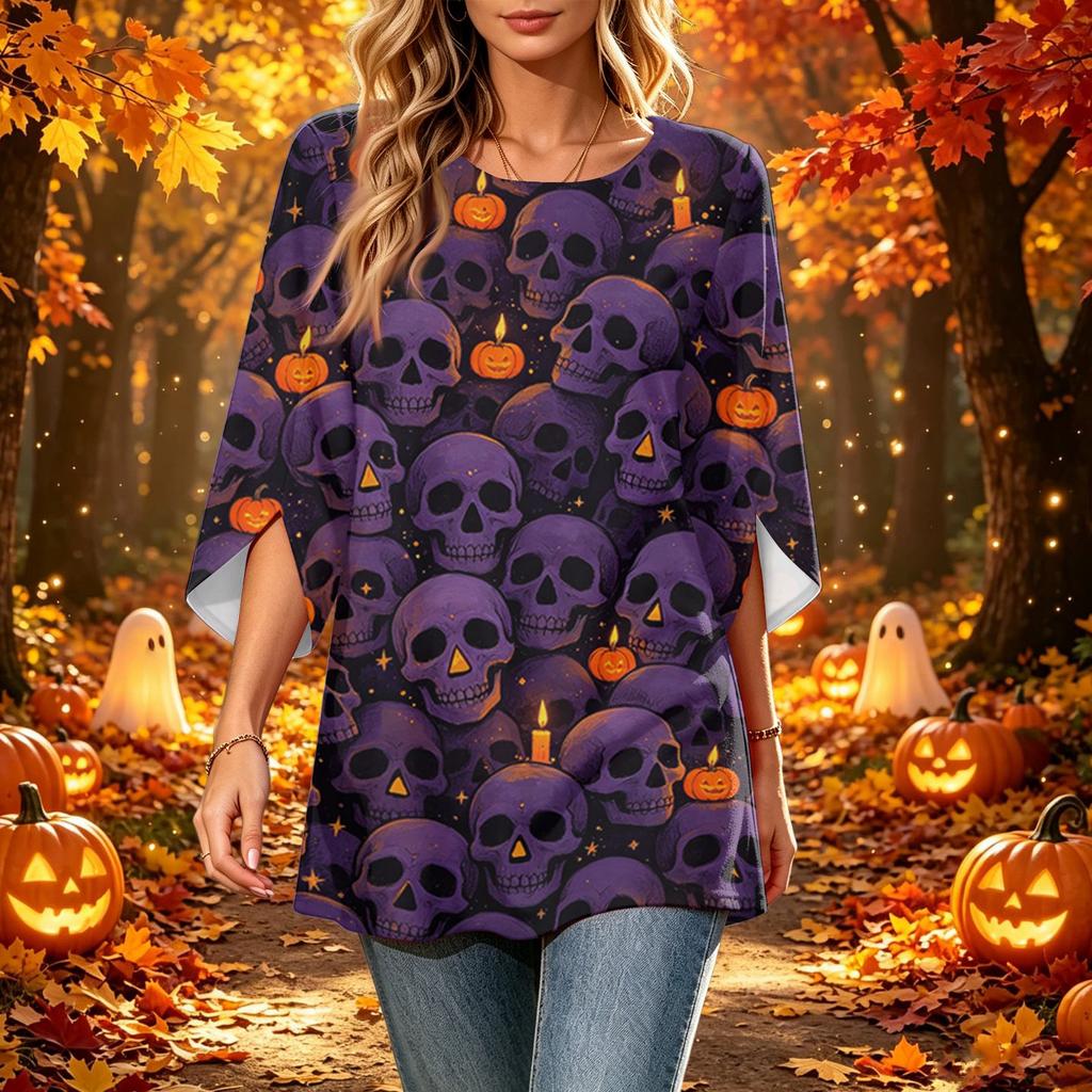 Women's Halloween Printed Casual Loose Fit Top with Round Neck and Three-Quarter Sleeves