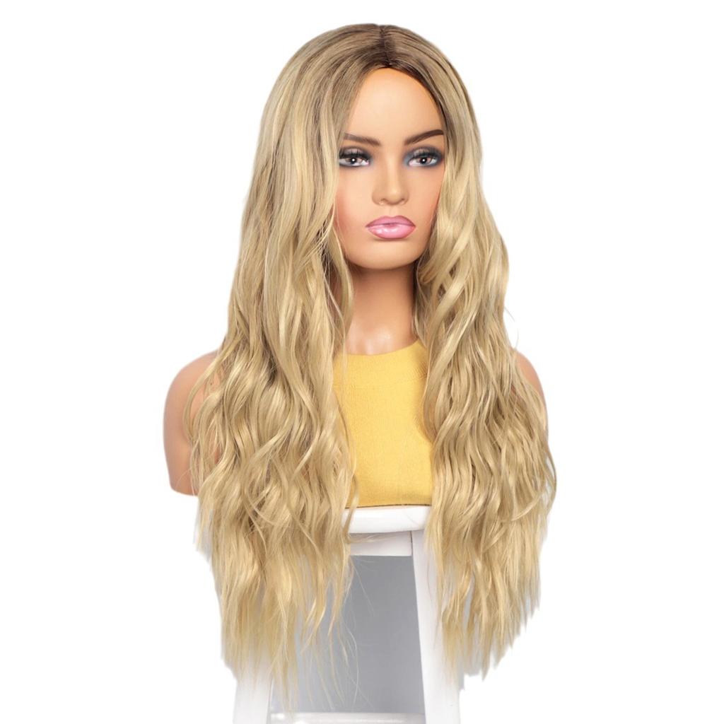 Women Synthetic Blond Brown Wigs Long Curly Wavy Wigs with Dark Roots Daily Cosplay Natural Fake Hair Heat Resistant Fiber