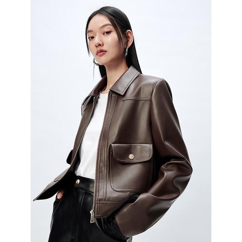 Peacebird Women's Maillard Style Lapel PU Leather Short Jacket