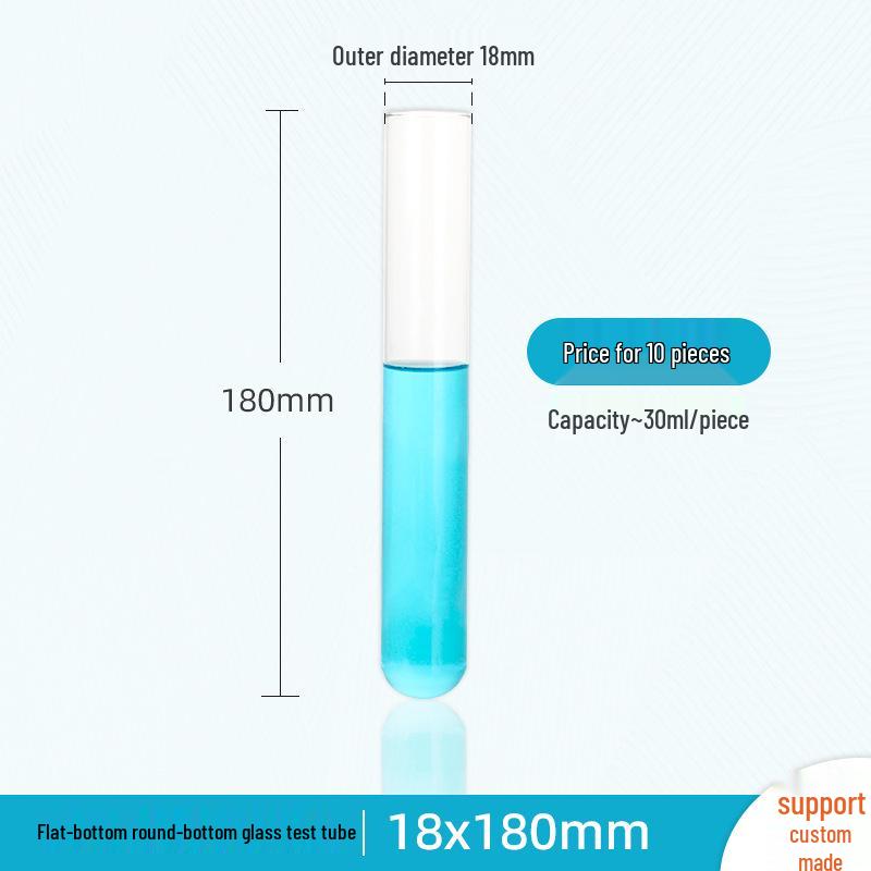 High-Temperature Resistant Glass Test Tube, Round Bottom, Flat Mouth, Customizable Diameters: 12-30mm.