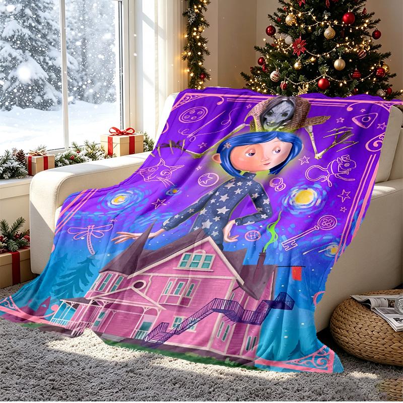 Coraline Pattern Blanket for Home Decoration, Bed, Sofa, Car Travel, Camping, Suitable for All Seasons, Birthday Christmas Gift