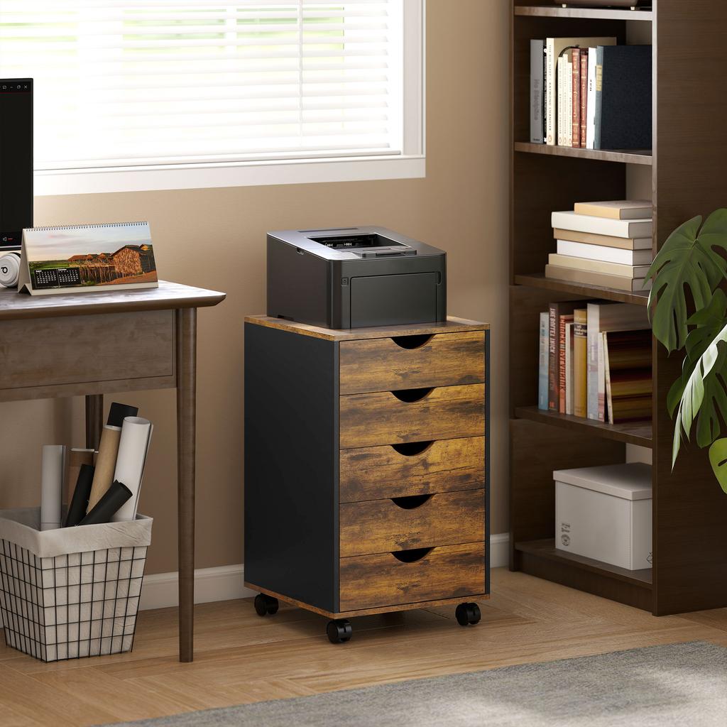 Mobile Office Pedestal, 5 Drawers, Wood, 40 x 40 x 67 cm, Brown