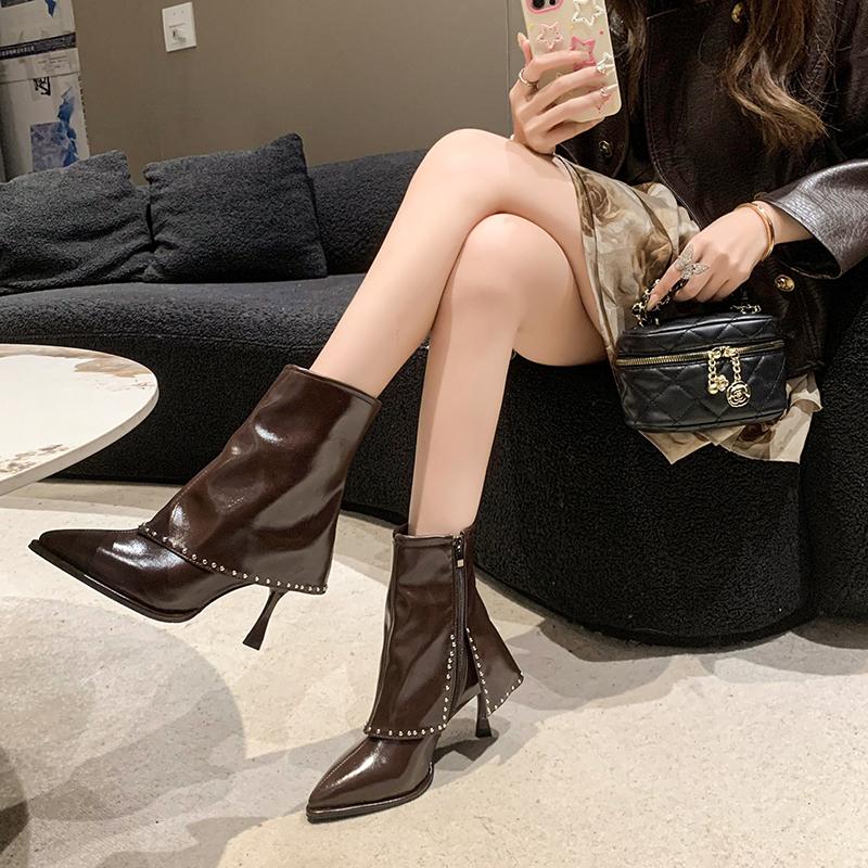Shoes for Women Side Zipper Women's Boots Winter Pointed Toe Solid Short Barrel Stilettos or Thin Heels Boots