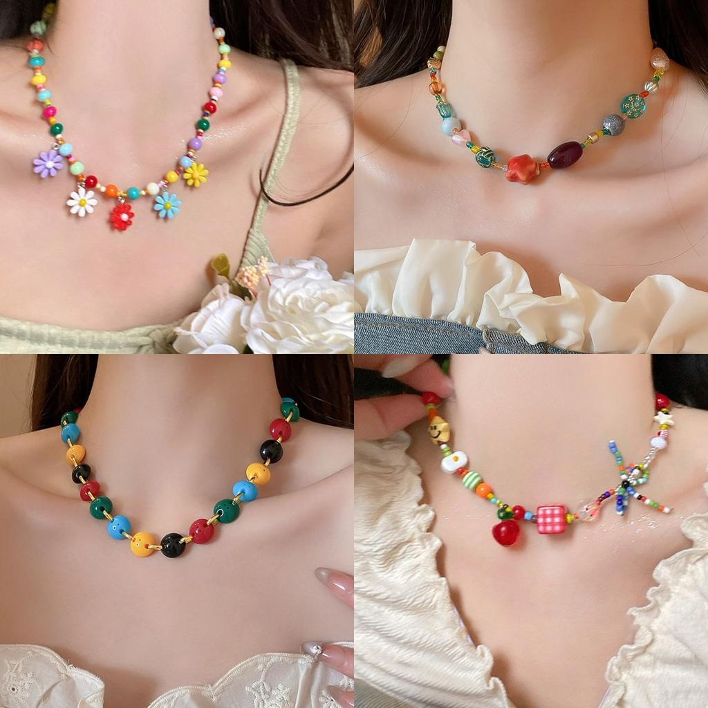 Summer Color Stars Beaded Pendant Necklace Female Sweet Small Fresh Clavicle Chain Vacation Style Niche Versatile Necklace