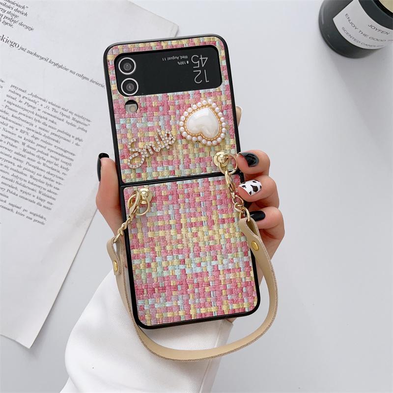 Luksus vintage vevd mønsterveske for Samsung Galaxy Z Flip 5 4 Z Flip 3 Square Pearl PU Brace Lanyard Cover for Samsung Galaxy Z Fold 5 3 Z fold 4