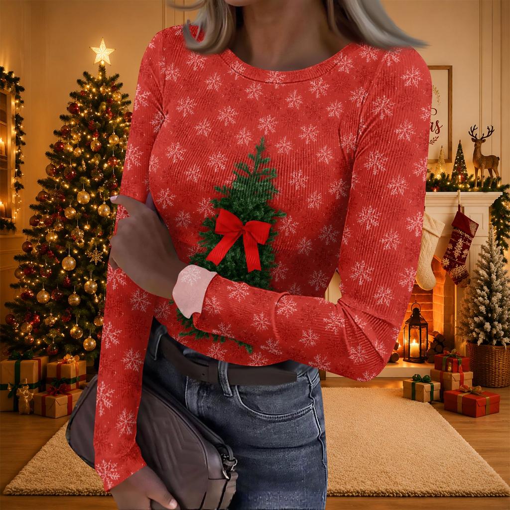 Women's Casual Christmas Print Long Sleeve Ribbed Neck Top