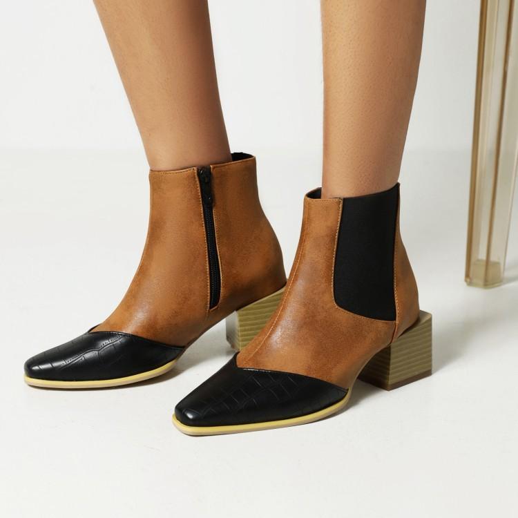 European and American snake pattern color matching thick heel small square head side zipper women's short boots