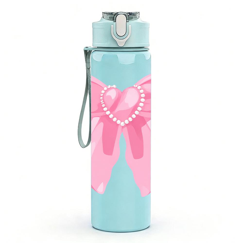 1PC Simple Large Pink Bow 750ml Color Plastic Sports Water Bottle Leakproof Flip Straw Lid Suitable for Sports Office Home Use