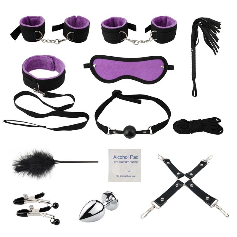Sexy Leather BDSM Bondage Gear Kit Plush Restraints Handcuffs Whip Gag Nipple Clamps Sex Toys for Couples YM