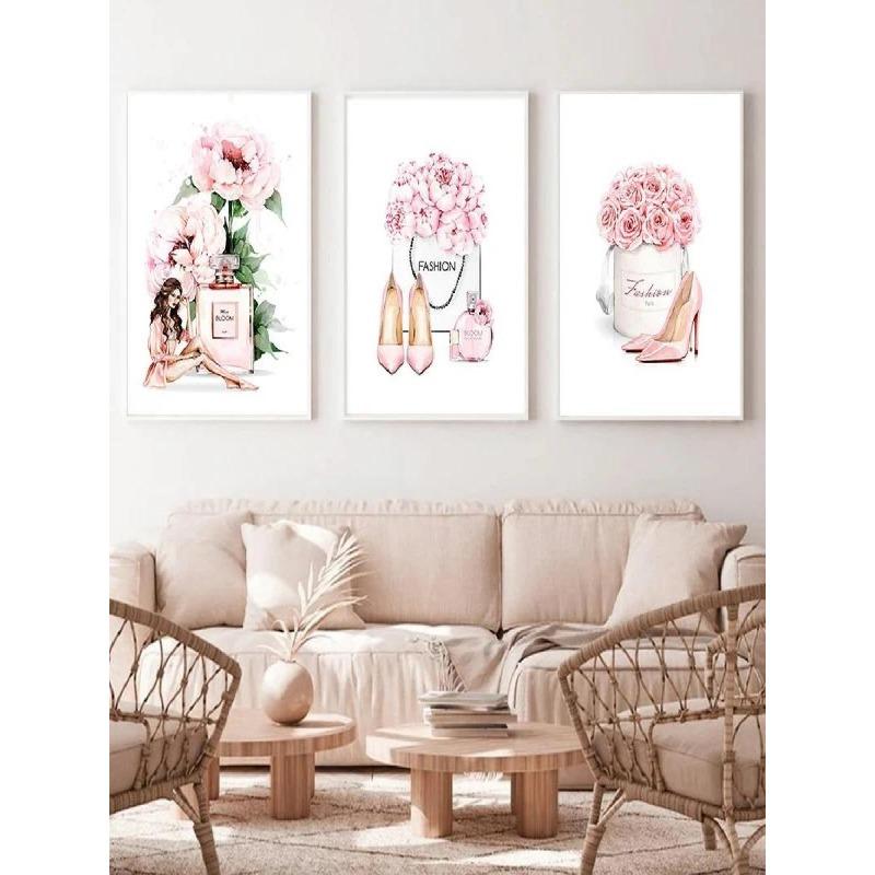 Elegant Perfume Bottle  Pink Flowers Poster Chic Beauty Fashion Canvas Art for Modern Home Living Room Wall Decor