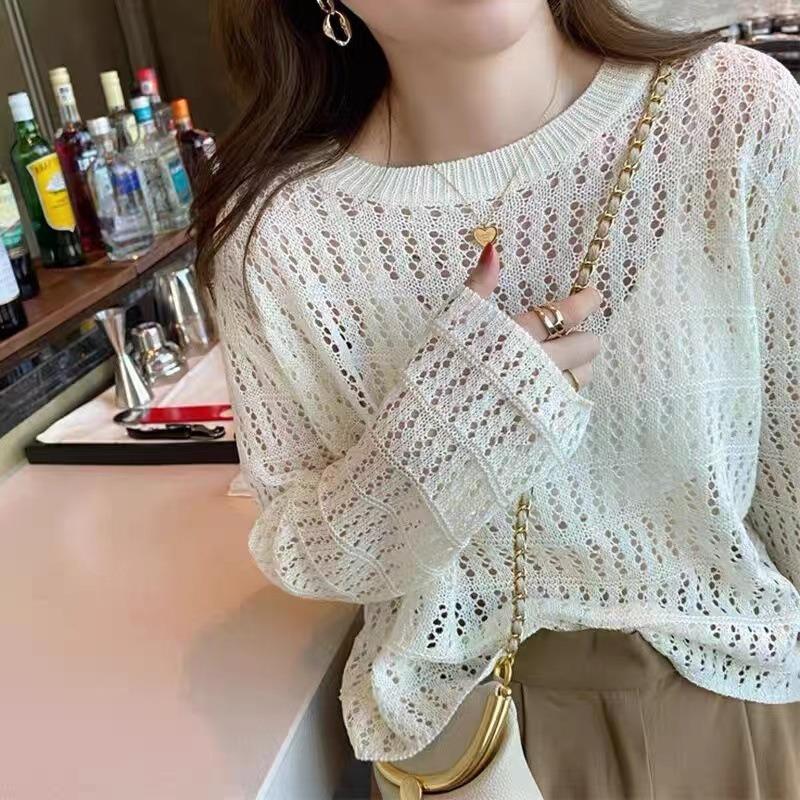 women hollow out knit sweater round neck long sleeve casual loose fit lightweight top