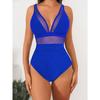 Women's Sexy One Piece Swimsuit Deep V Neck Sheer Mesh Backless Tummy Control Solid Color Monokini Summer Beach Bathing Suit Swimwear